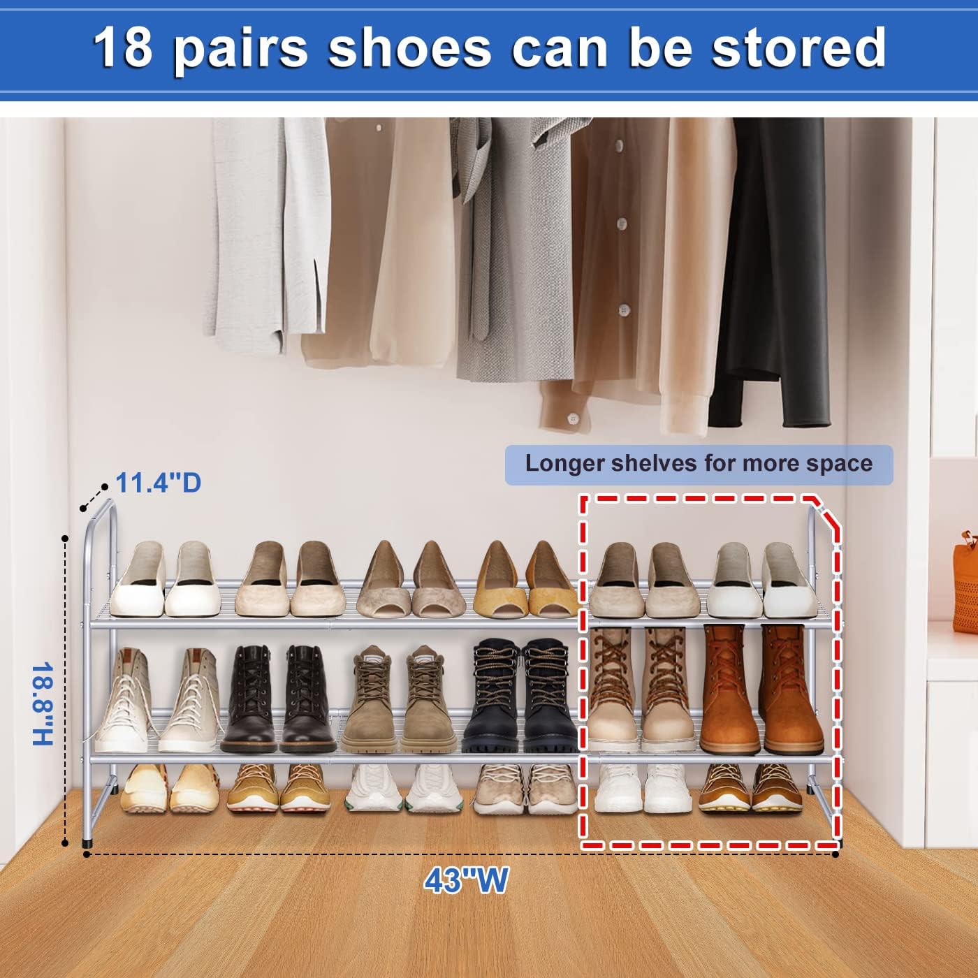 KEETDY 3-Tier Long Shoe Rack for Closet Metal Shoe Organizer for Entryway, Wide Stackable Shoe Storage Shelf with Sturdy Wire Grid for Closet Floor, Bedroom, Black