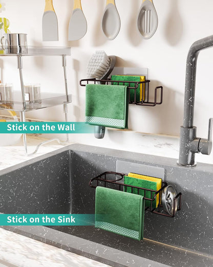 HapiRm 4 in 1 Sink Caddy Sponge Holder, SUS304 Stainless Steel Kitchen Brush Holder and Dish Cloth Hanger, Kitchen Organizers and Storage Essentials - Silver