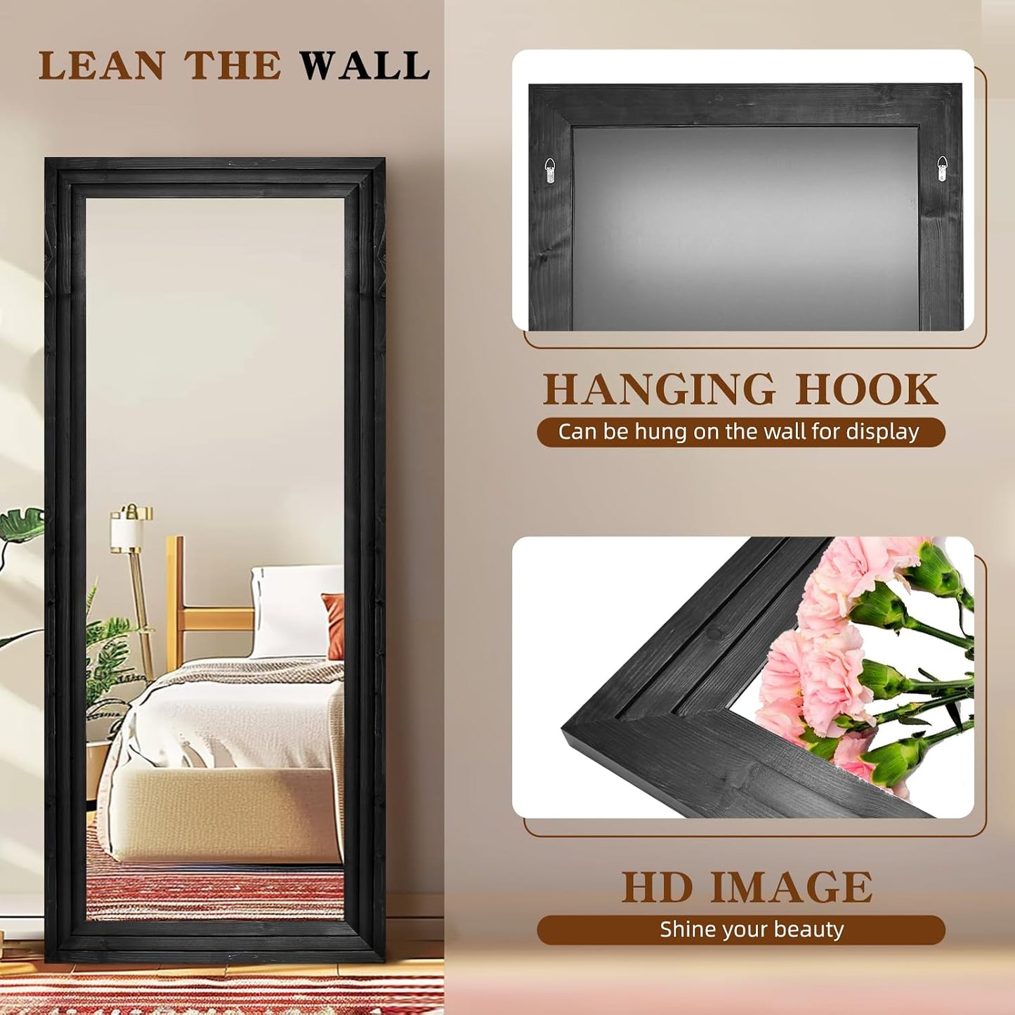 Full Length Mirror 65"x22" with Stand Solid Wood Frame Floor Large Mirror for Living Room, Bedroom Hanging Standing or Leaning Wall-Mounted, New Black