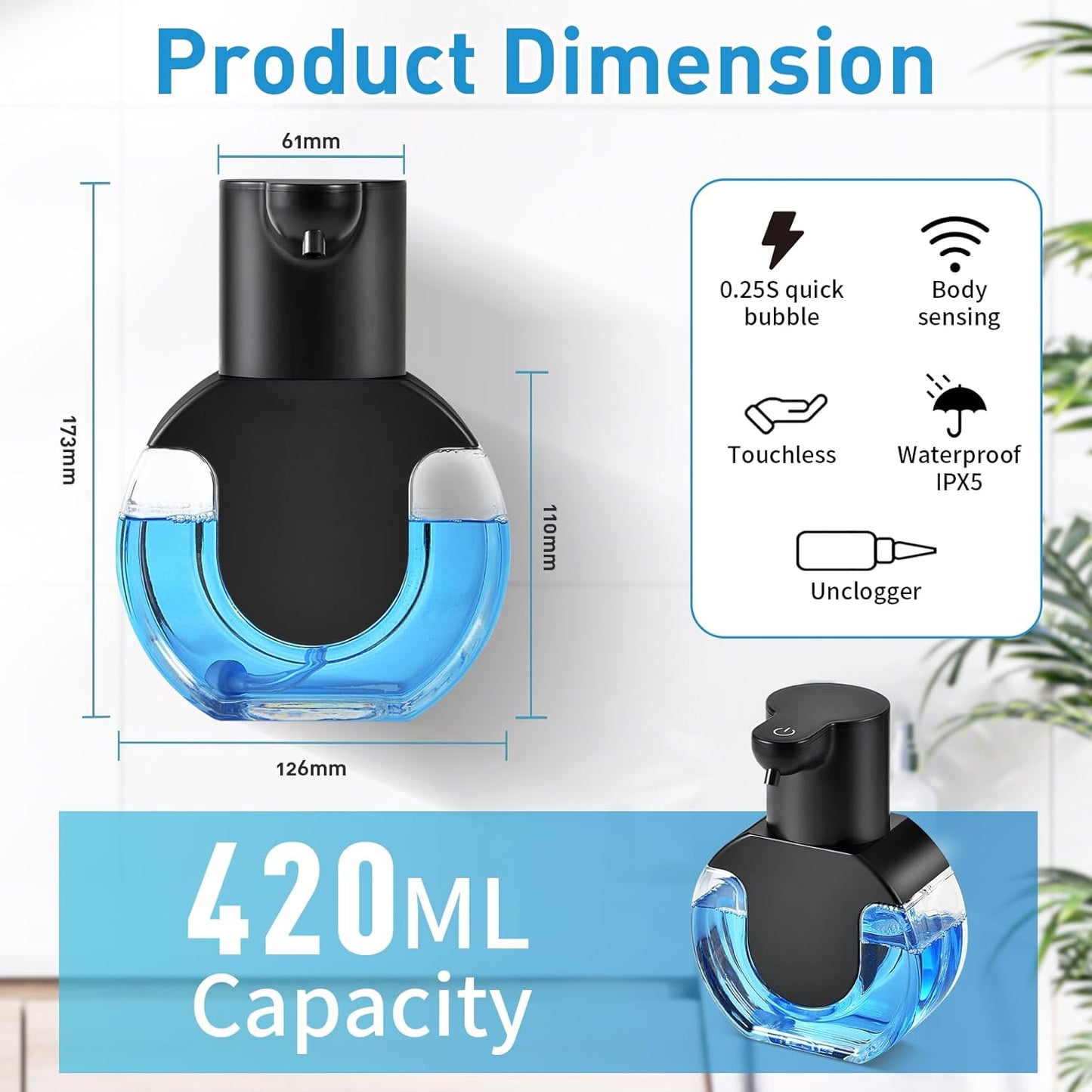 Automatic Foam Hand Soap Dispenser, Rechargeable Touchless Wall Mount Foaming Soap Dispenser, 15oz/420ml, 4 Adjustable Levels Infrared Sensor Electric Dispenser for Bathroom, Kitchen, Office - Black