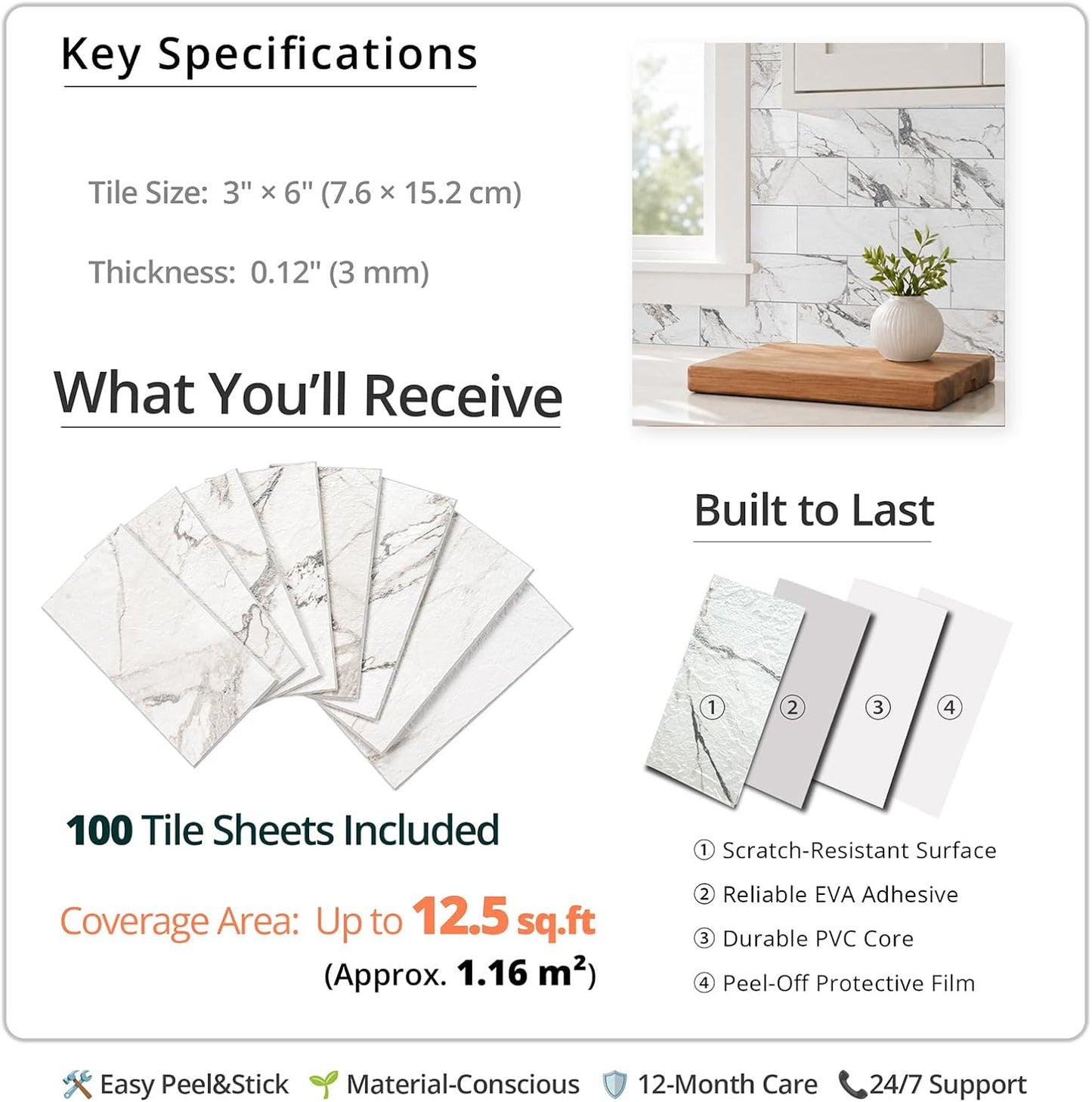 StyloVue 100 Pieces Peel and Stick Backsplash for Kitchen, 3" x 6" PVC Subway Tile, Glossy White with Dark Gray Grout, Self Adhesive Stick on Wall Tiles for Kitchen, Bathroom, Fireplace, RV