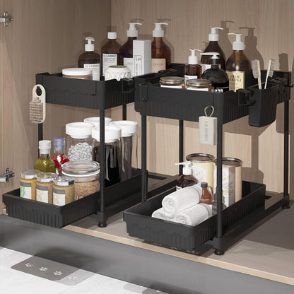Sevenblue 3 Pack Multi-Purpose Pull-Out Storage Organizers, 2-Tier L-Shaped Under Sink/Cabinet Organizers and Storage for Bathroom & Kitchen, (Black, 12.85 Inches)