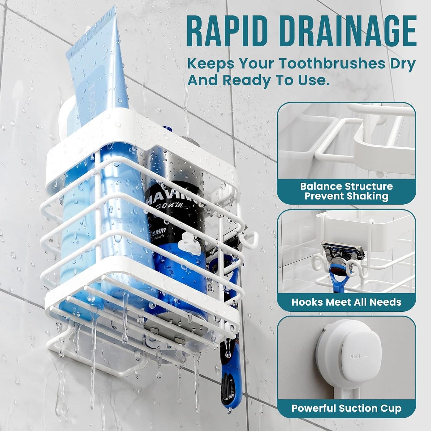 TAILI Upgraded Bathroom Mirror Suction Cup Toothbrush Holder with Razor Hook, Visible Safety Indicator, Large Capacity Inverted Trapezoid Design, Removable Shower Caddy for Toothbrush, Toothpaste, etc