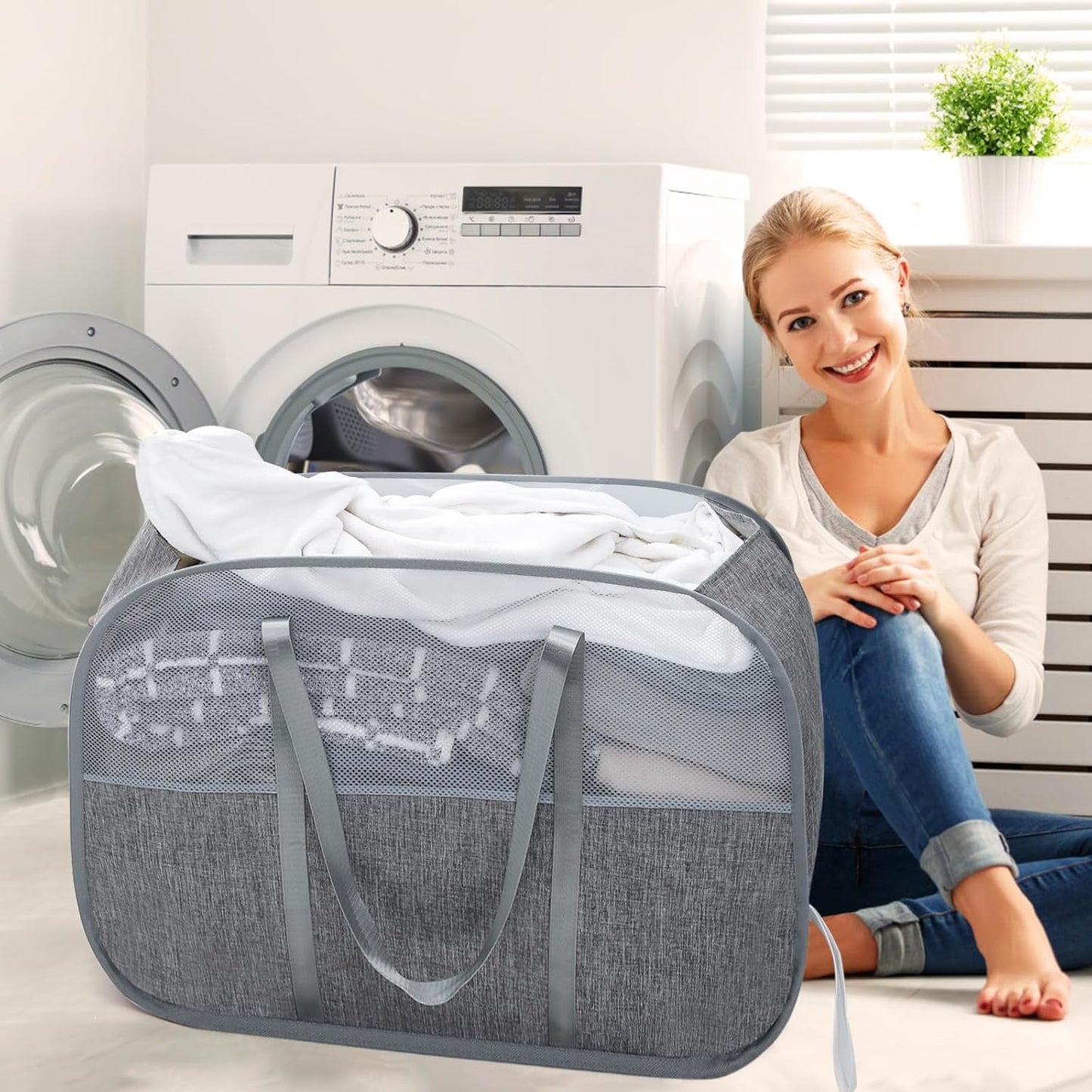 Collapsible Laundry Baskets with 3 Compartment, 150L Tear-proof Pop Up Hamper, Foldable Laundry Basket with Tote Handles, Dirty Clothes Hamper for Laundry, Bedroom, Bathroom, Dorm Grey