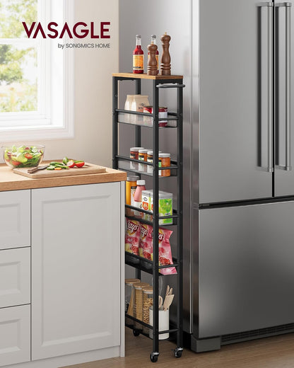 VASAGLE Slim Rolling Cart, 4-Tier Narrow Storage Cart with Handle, 5.1 Inches Deep, Metal Frame, for Kitchen, Dining Room, Living Room, Home Office, Rustic Brown and Classic Black ULRC032B01V1