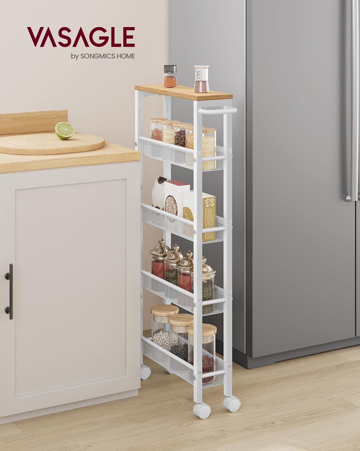 VASAGLE Slim Rolling Cart, 4-Tier Narrow Storage Cart with Handle, 5.1 Inches Deep, Metal Frame, for Kitchen, Dining Room, Living Room, Home Office, Rustic Brown and Classic Black ULRC032B01V1
