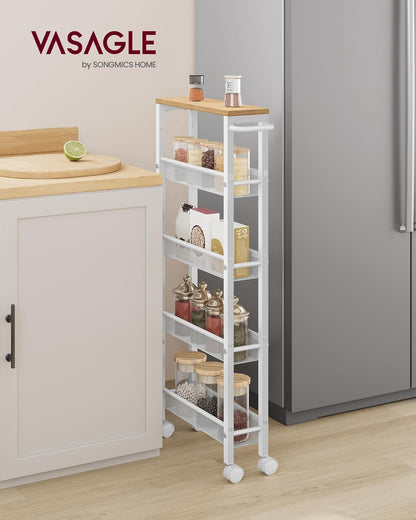 VASAGLE Slim Rolling Cart, 4-Tier Narrow Storage Cart with Handle, 5.1 Inches Deep, Metal Frame, for Kitchen, Dining Room, Living Room, Home Office, Rustic Brown and Classic Black ULRC032B01V1