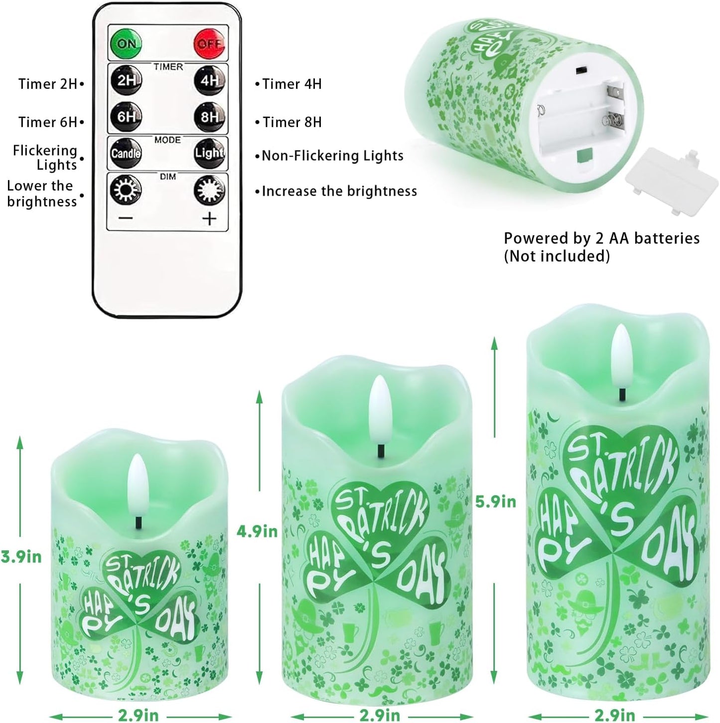 Flameless Candles Lights, Set of 3 Flickering LED Candles with Remote & Timer, Dimmable Electric Pillar Candles Battery Operated, Green Candles for Home St. Patrick’s Day Christmas Decor (Green)