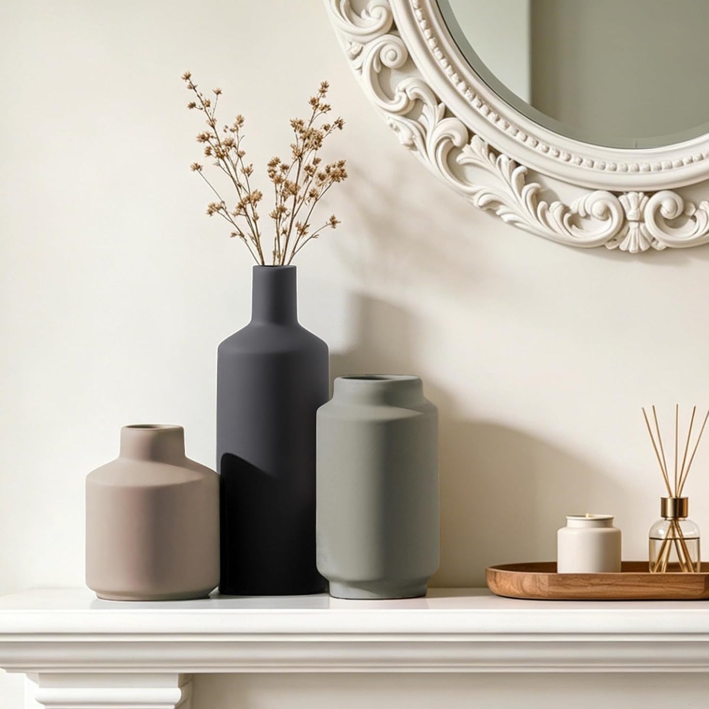 Ceramic Vase Set of 3, Modern Decorative Vases for Home Decor, Small Flower Pottery Vase Sets, Boho Farmhouse Rustic Vases for Living Room, Kitchen, Bedroom, Bathroom, Shelf, Table
