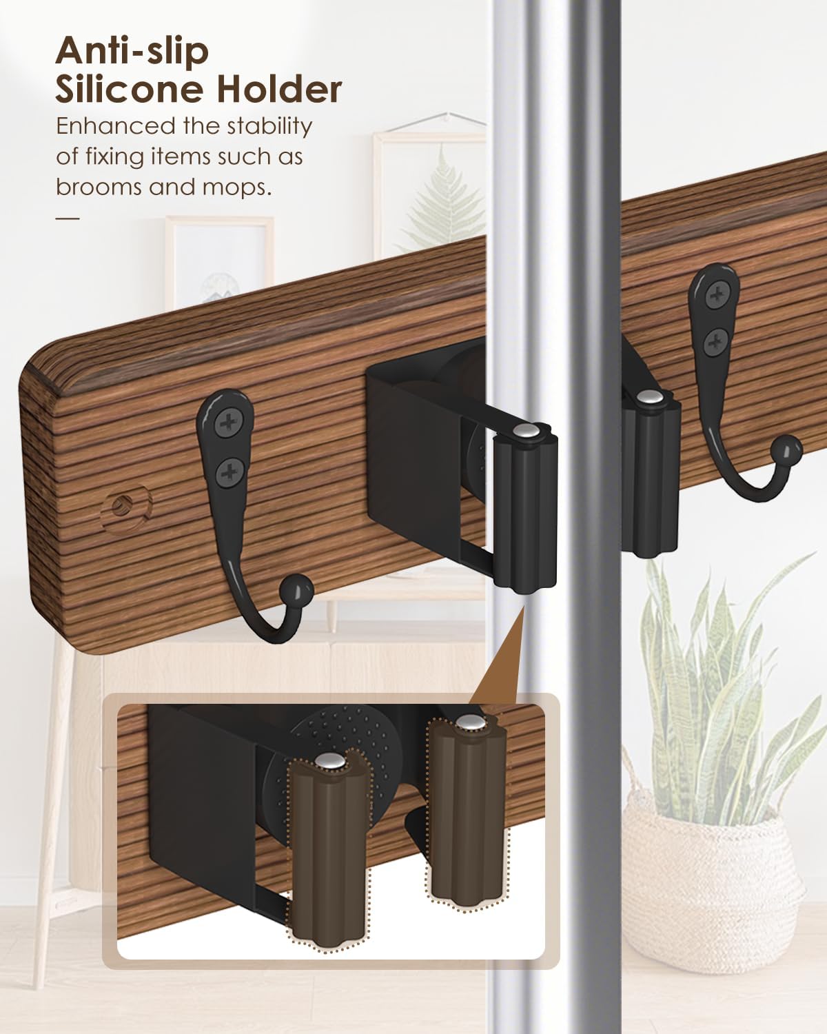 AceMining Broom Holder Wall Mounted, White 4 Holders and 4 Hooks Mop Holder, Wooden Mop and Broom Holder with Anti slip rubber, Natural pine wood Brush Holder, Mop Wall Holde with Nail installation
