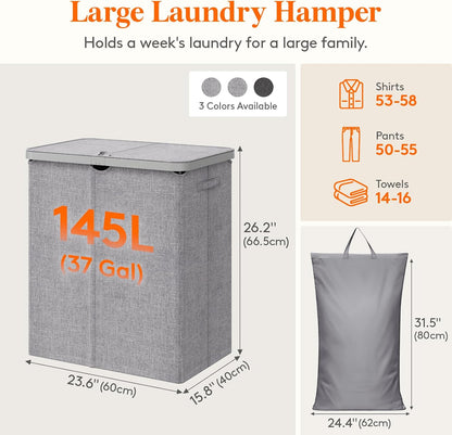 Lifewit 165L Large Laundry Basket with Lid, Laundry Hamper with Plastic Handles and Removable Bag, Foldable Tall Dirty Clothes Hampers for Laundry for Laundry Room, Bedroom, Bathroom, Dorm, Beige