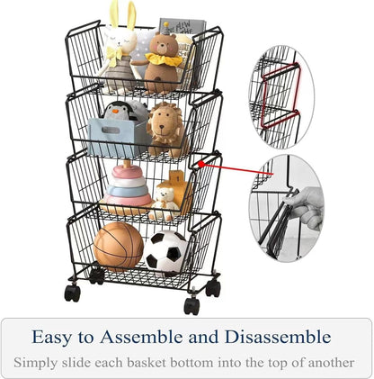 PUSDON 6-Tier Tall Stackable Wire Storage Baskets with Wheels, Vertical Metal Rolling Utility Cart, High Capacity Produce Basket for Kitchen Pantry, Snack Organizer, Matte Black