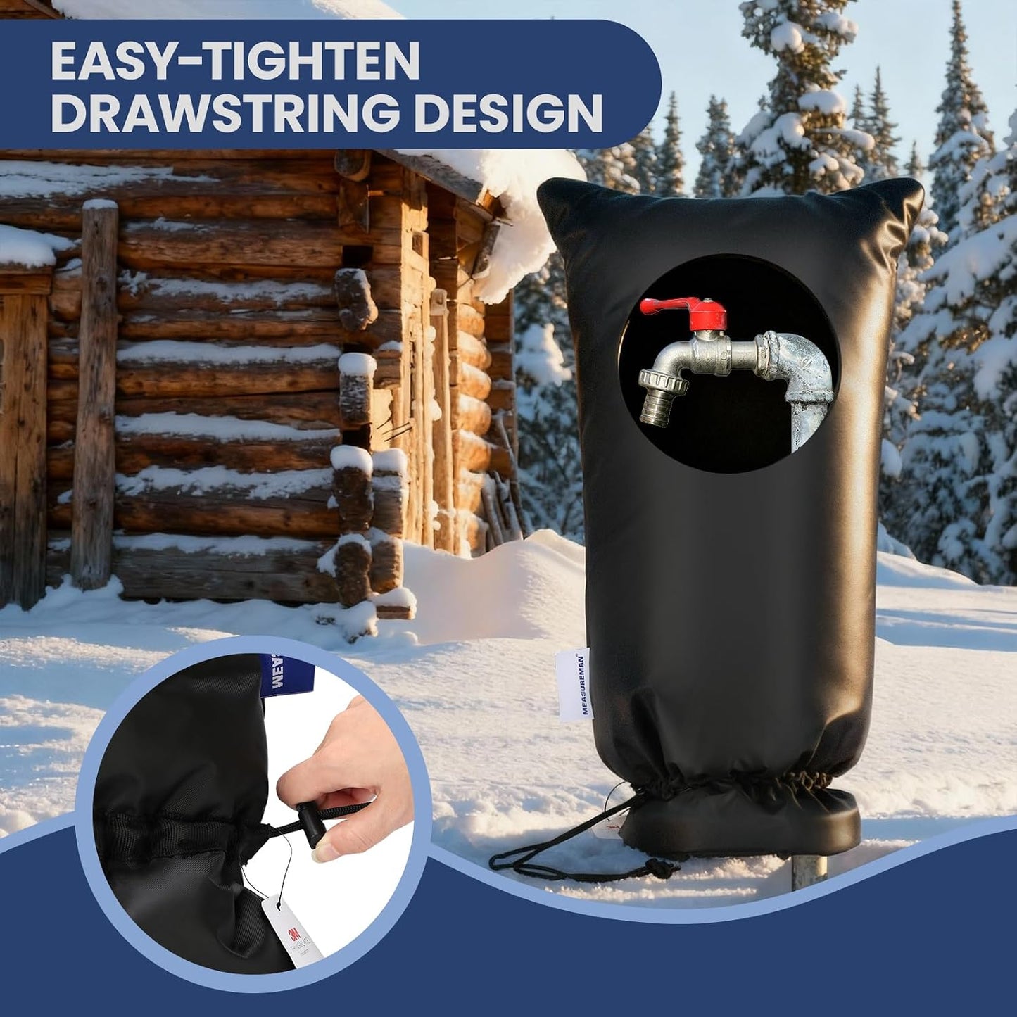 MEASUREMAN Outdoor Faucet Cover for Winter Freeze Protection 25”H x 13.19”W 3M Thinsulate Insulation Waterproof & Frost-Proof Insulated Hose Bibb Spigot Black Sock 420D Oxford Fabric Reusable