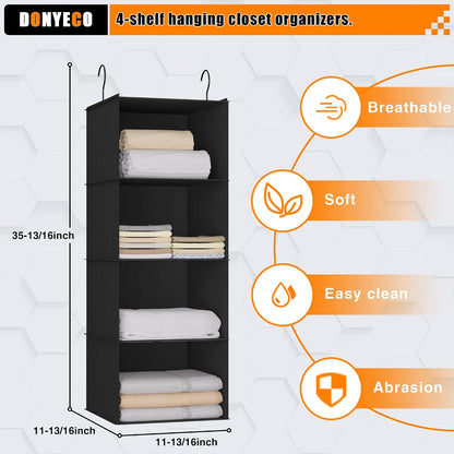 Hanging Closet Organizer 3-Shelf, Oxford Fabric Wardrobe Storage, Gray | Easy-mount foldable design holds clothes, handbags, shoes & accessories; washable Oxford fabric, sturdy and space-saving.