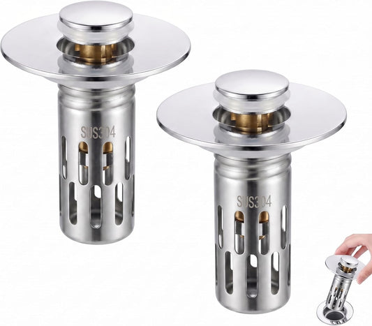 Chrome Bathroom Sink Drain Strainer, Upgraded 3 in 1 Universal Pop Up Stopper with Removable 304 Stainless Steel Filter Basket or Hair Catcher, Bullet Core, Sink Plug for 1.1''~2.36'' Basin, 2 PCS