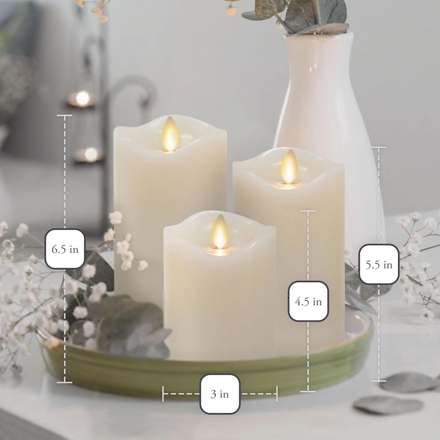Matchless Candle Co. by Luminara Set of 3 Flameless LED Flickering Moving Flame Pillars (3" x 4.5", 5.5", 6.5"), Melted Unscented Real Wax Edge w/Smooth Finish, AA Battery Operated, Pearl Ivory