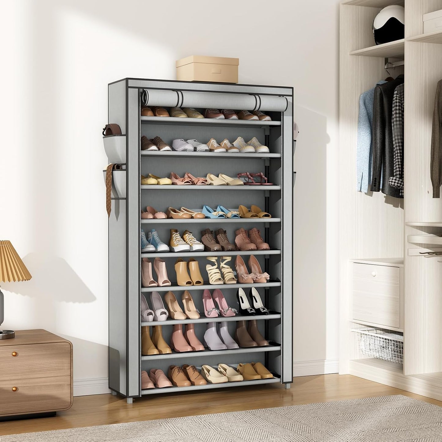 VILICK Shoe Rack with Cover Narrow Shoe Organizer with 4 Side Pockets 10 Tier Tall Shoe Storage Holds 18-22 Pairs Shoes and Boots Shoe Rack for Closet Entryway Garage