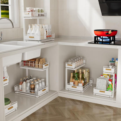 Under Sink Organizer Kitchen - Upgraded Professional Rails, 2 Tier Dual Pull Out Cabinet Storage, Height Adjustable Under Sink Storage, Metal Sliding Drawer for Kitchen & Bathroom, White, 2 Pack