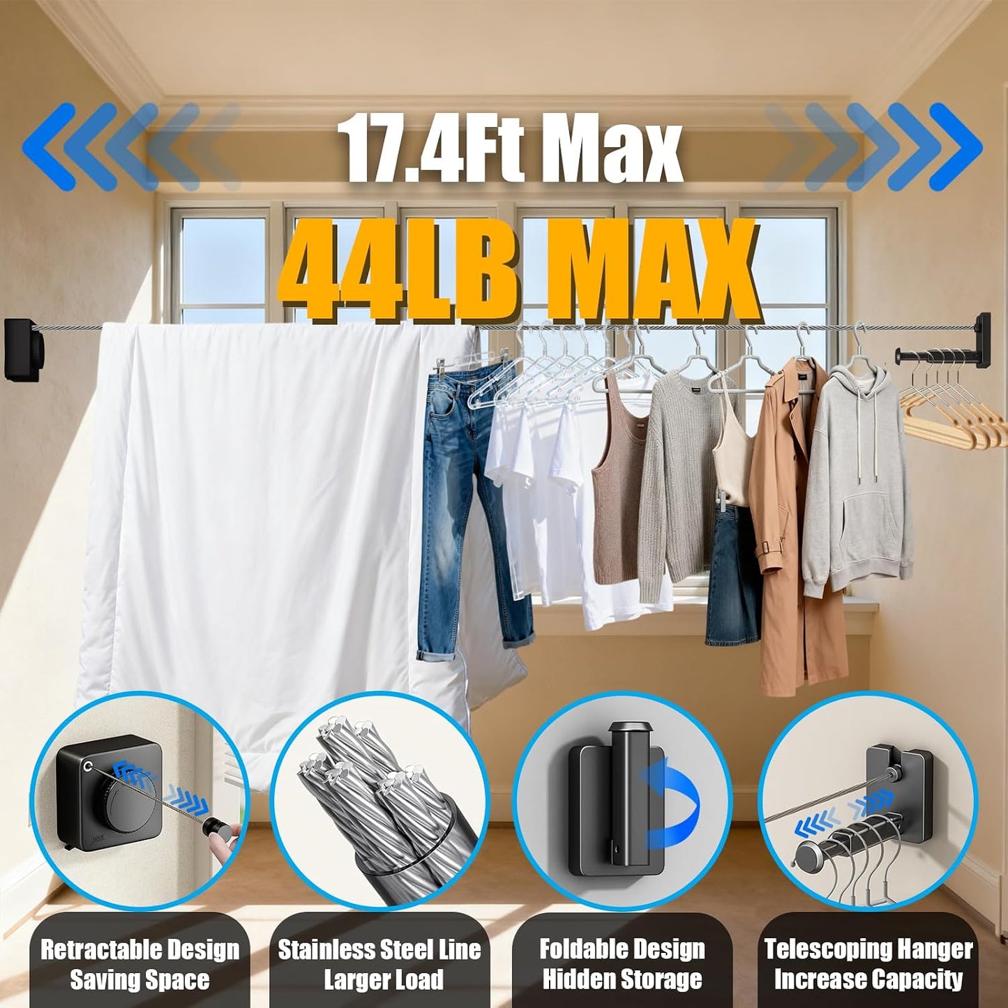 Retractable Clothesline Indoor & Outdoor, 16.2Ft Non-Sagging Stainless Steel Laundry Line with Wall Mounted Heavy Duty Design, Space-Saving Drying Rack for Bathroom, Balcony(1, White)