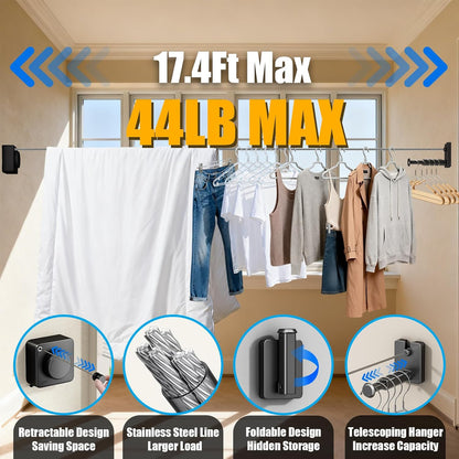 Retractable Clothesline Indoor & Outdoor, 16.2Ft Non-Sagging Stainless Steel Laundry Line with Wall Mounted Heavy Duty Design, Space-Saving Drying Rack for Bathroom, Balcony(1, White)
