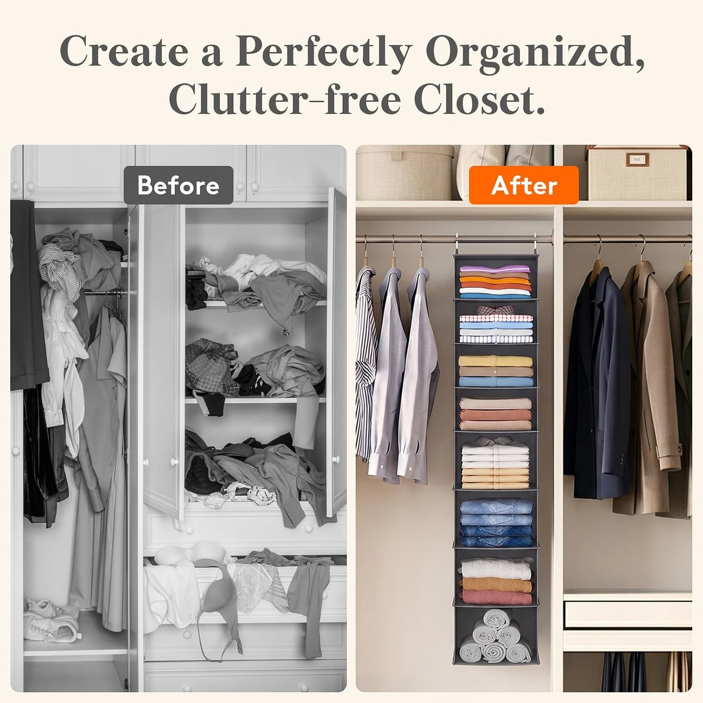 Lifewit 5 Tier Hanging Closet Organizer and Storage for Shelves, Foldable Clothes Shelf with 2 Sturdy Hooks, Sweater/Coat/Shoes Clothing Organization for Wardrobe, Dorm, Bedroom, Gray