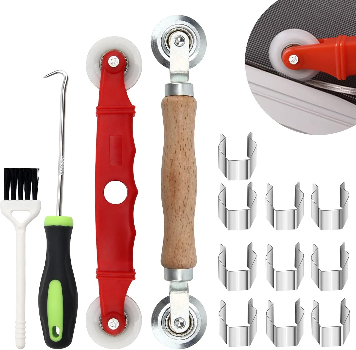 14Pcs Screen Repair Kit, Screen Repair Spline Tool 2Pcs Screen Rolling Tool with Bearing Spline Tools/Screen Spline Removal Hook/Groove Cleaning Brush/ 10Pcs Screen Installer Clips