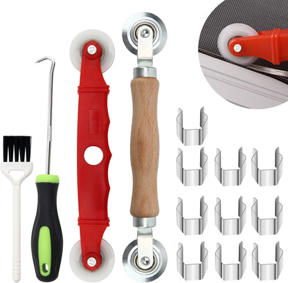 14Pcs Screen Repair Kit, Screen Repair Spline Tool 2Pcs Screen Rolling Tool with Bearing Spline Tools/Screen Spline Removal Hook/Groove Cleaning Brush/ 10Pcs Screen Installer Clips