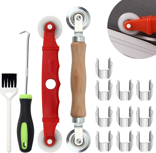 14Pcs Screen Repair Kit, Screen Repair Spline Tool 2Pcs Screen Rolling Tool with Bearing Spline Tools/Screen Spline Removal Hook/Groove Cleaning Brush/ 10Pcs Screen Installer Clips