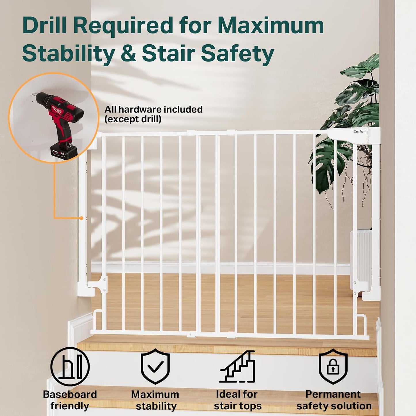 Cumbor 29.2–43" Baby Gate for Stairs, Hardware Mounted (Drill Required), Expandable No Bottom Bar Dog Gate, Auto Close Extra Wide Walk Thru, Pet & Toddler Proof Gate, Top & Bottom of Stairways (White)