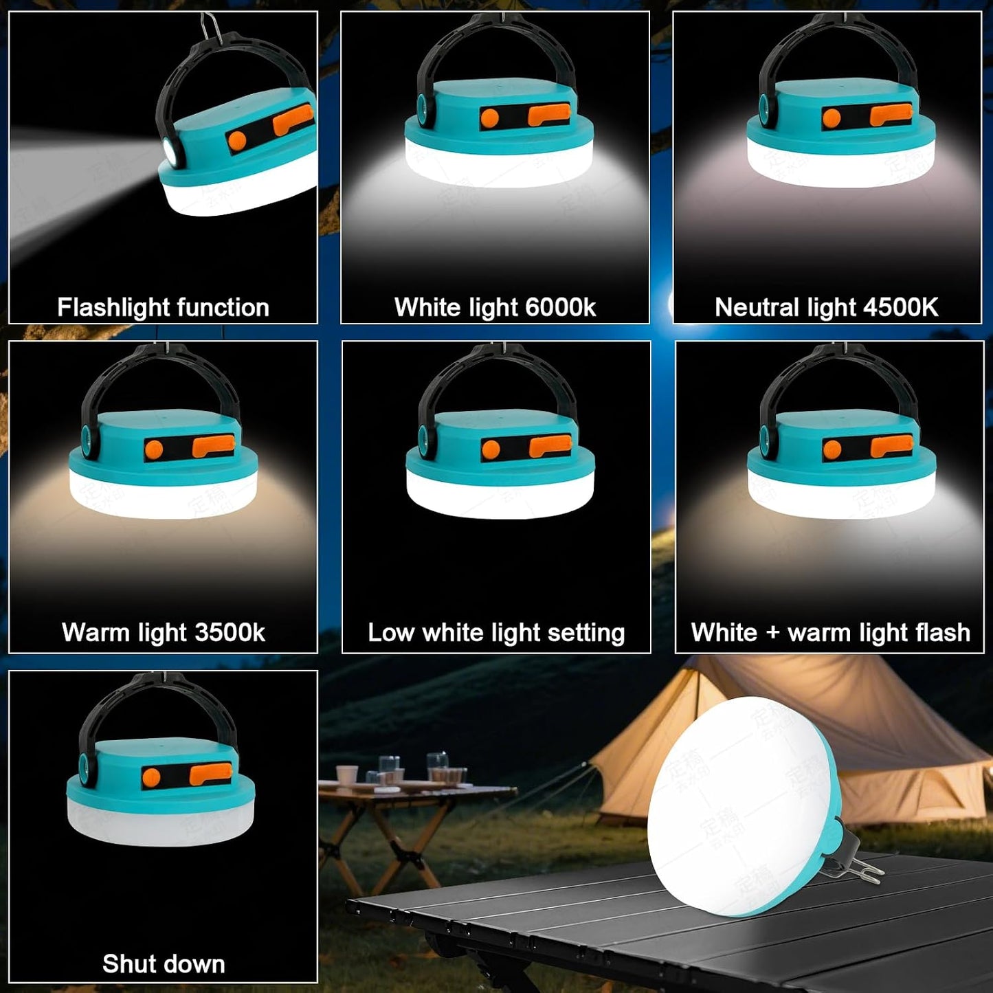 Camping Light Rechargeable, LED Camping Lantern for Power Outages, Waterproof Emergency Tent Light for Camping with Magnet Hook, Power Bank & Flashlight, 100W 6000mAh, Army Green