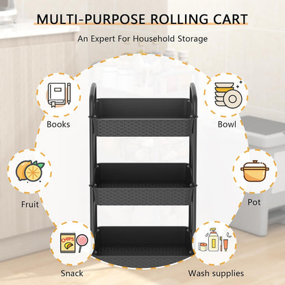 MOYIPIN 3-Tier Plastic Rolling Utility Cart with Handle,Utility Storage Cart for Office, Living Room, Kitchen,Movable Storage Organizer Shelves,White