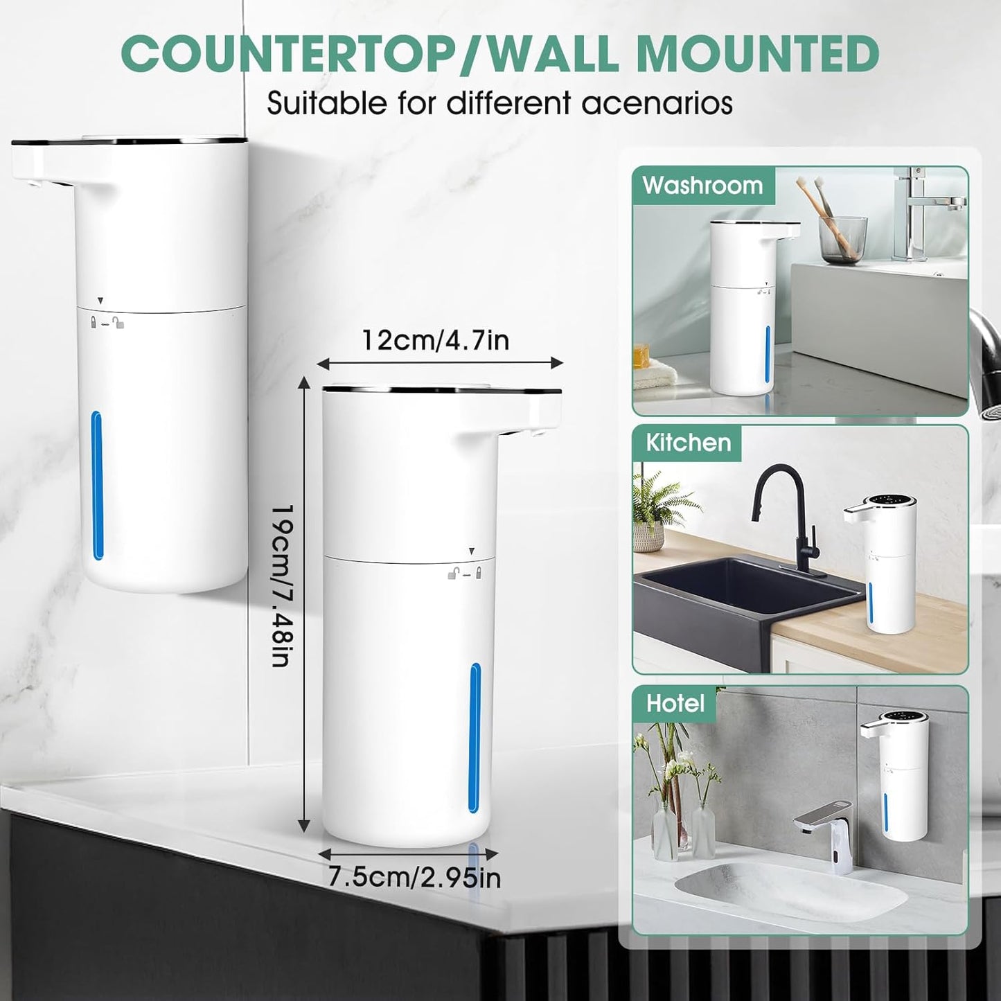 4 Pack Touchless Automatic Liquid Soap Dispenser, 13.5oz Smart Sensor Hand Wash Dispenser, USB Rechargeable & Adjustable for Bathroom Kitchen Sink, White