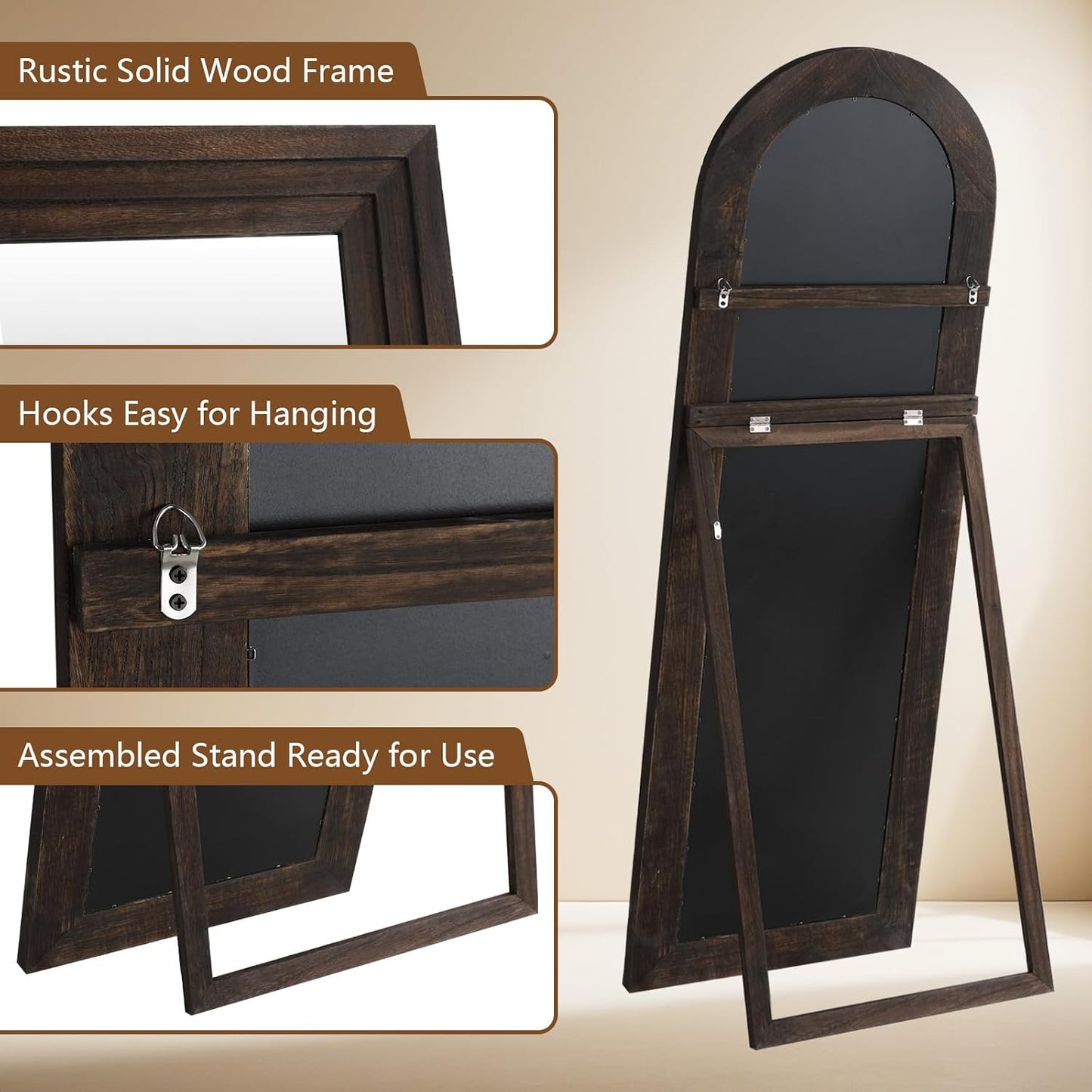 MELOMOIR Arched Full Length Mirror with Solid Wood Frame, 56"x21" Rustic Farmhouse Floor Mirror with Stand, Free Standing Leaning Hanging, for Bedroom Living Room Dressing Room Entryway, Brown