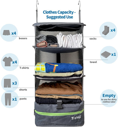Grand Fusion Stow-N-Go Hanging Travel Shelves, Packing Organizer for Luggage. Carry on Closet for Suitcase. Expandable Packing Cube. Travel Essentials. (Black - L, L = (L) 11.8" x (W) 11.8")
