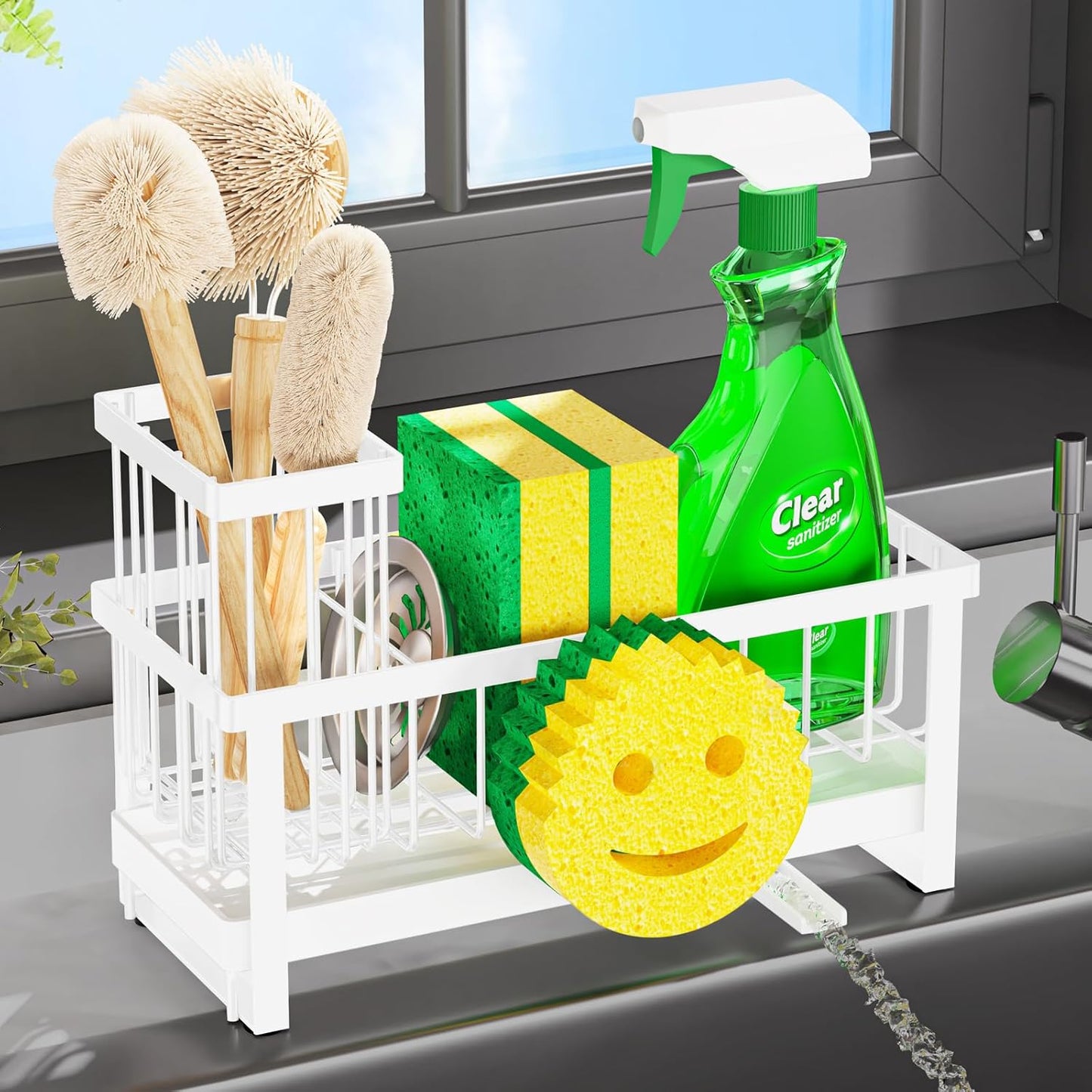 Sponge Holder for Kitchen Sink,Smiley Face Sink Caddy with Removable Brush Holder,Self-Draining Sponge Caddy for Soap,Dish Brush,Scrubber,Kitchen Essentials and Gadgets-Silver