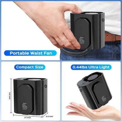 10000PRM Portable Waist Clip Fan Rechargeable Working Up to 20Hrs 3 Speeds Strong Turbo Airflow Personal Belt Neck Fan Clip on Waist for Golf Camping Outdoor Jobsite