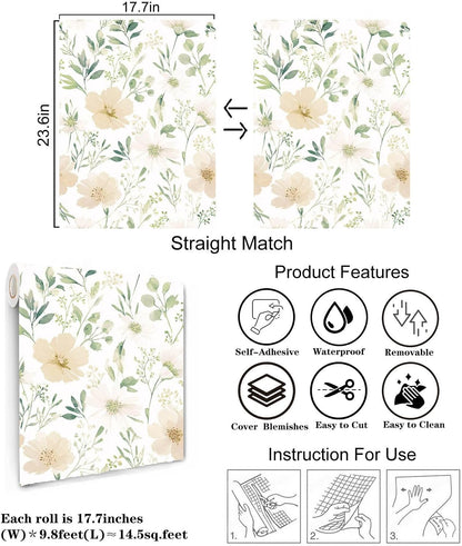 Sage Green Floral Peel and Stick Wallpaper Self Adhesive Removable Modern for Bedroom Accent Wall Renter Friendly Thick Watercolor Natural Flower Wallpaper 17.7" x 118"