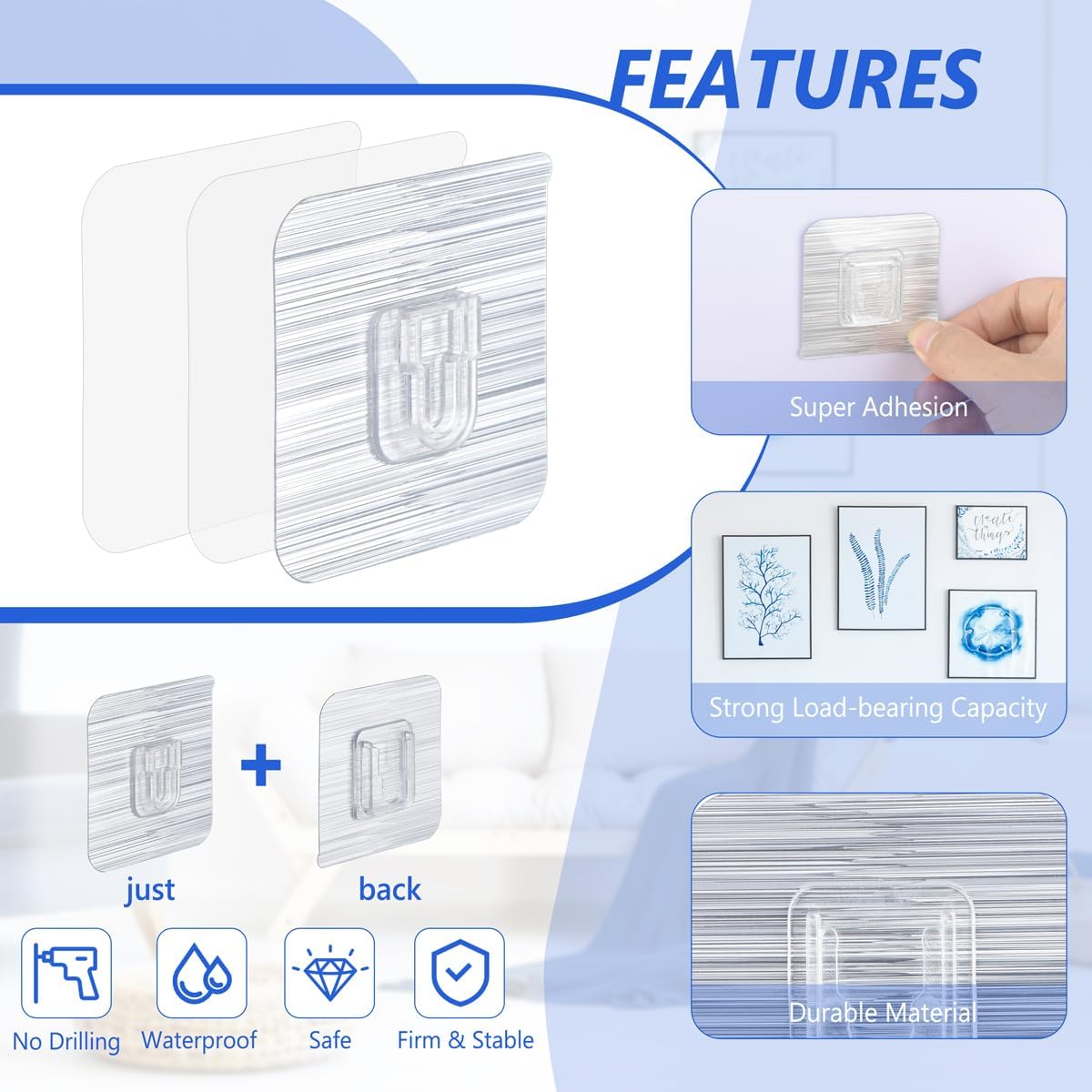 30-Piece Double-Sided Adhesive Wall Hooks - 15LB Max Heavy Duty, Clean, Waterproof Utility Hooks for Bathroom, Kitchen, Picture Hanging