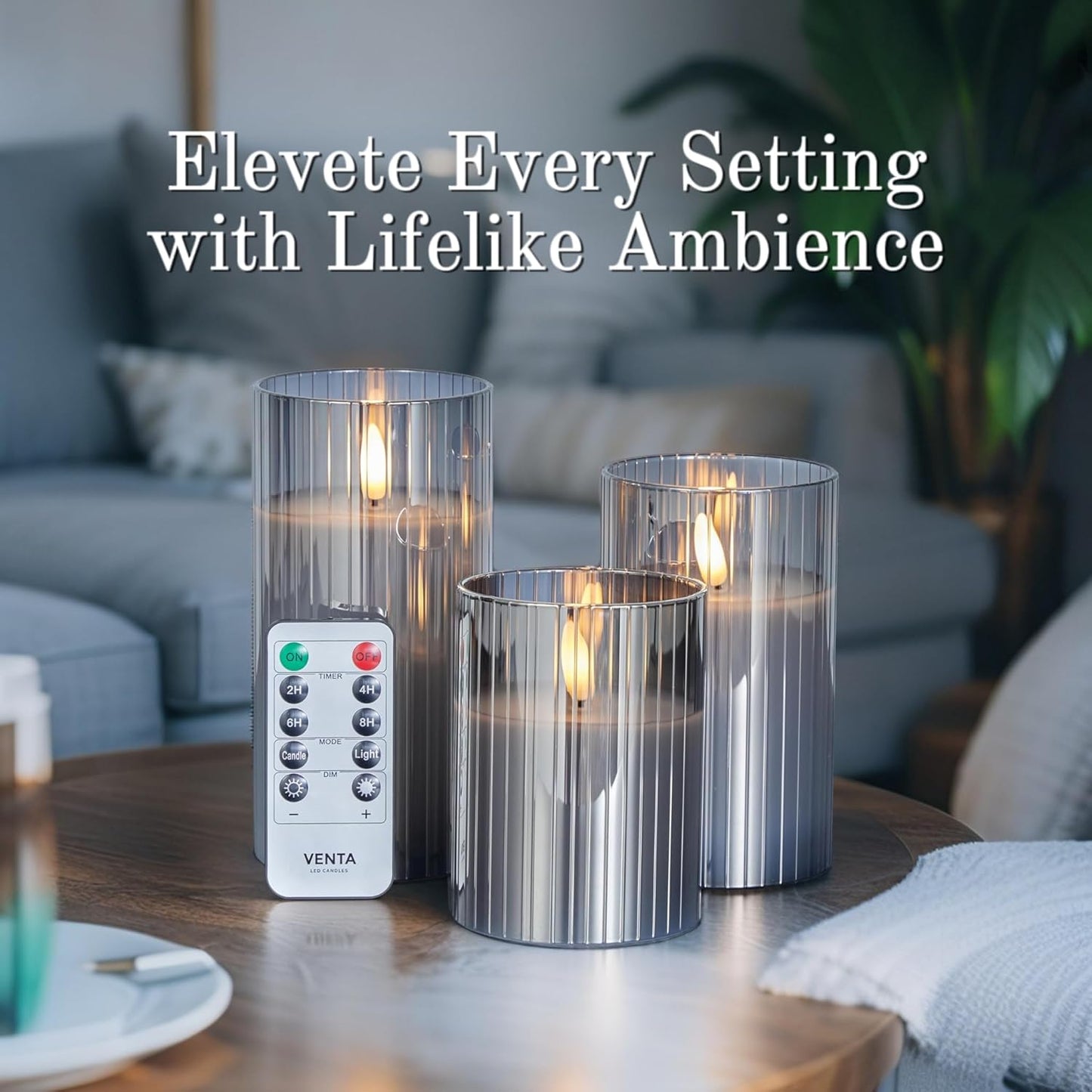 VENTA Set of 3 White Pillar Candles | Real Wax Battery Operated Flickering LED Candles with Remote | Timeless Decor for Farmhouse, Modern & Mantel Displays