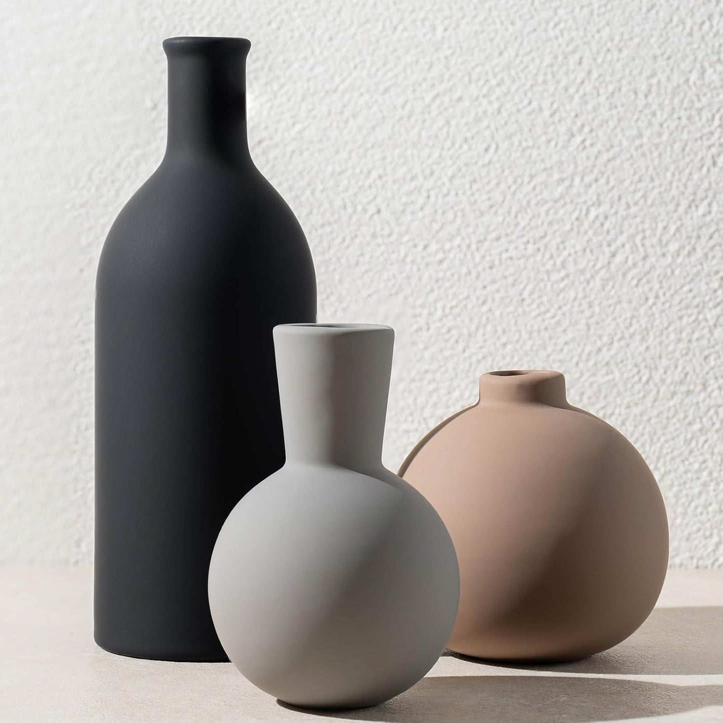 Ceramic Vase Set of 3, Modern Minimalist Neutral Home Decor, Boho Rustic Farmhouse Decorative Vases for Pampas Grass Dried Flowers | Table Centerpiece Entryway Mantel Bookshelf(Black Mix Set - Gray#1)