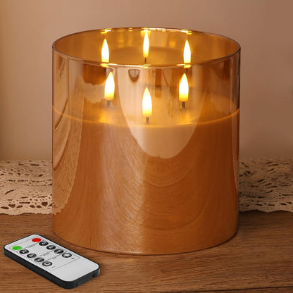 Eywamage 3 Wick Smoke Grey Glass Flameless LED Candle with Remote, Flickering Large Battery Pillar Candle Decor Φ 6" H 6"