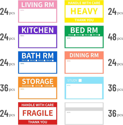 Ououstate Moving Stickers, 6 x 4 Inches Color-Coded Packing Box Labels 10 Designs with Fragile 、Heavy and Blank Customizable Labels (6 * 4IN)
