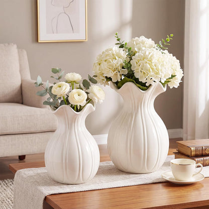 3 Pack White Ceramic Vase Set Small Rustic Decorative Vases Home Decor Wavy Edge Modern Flower Vases for Farmhouse Table Centerpiece Living Room Kitchen Bedroom (5.7,6.7,7.9in,Elegant)