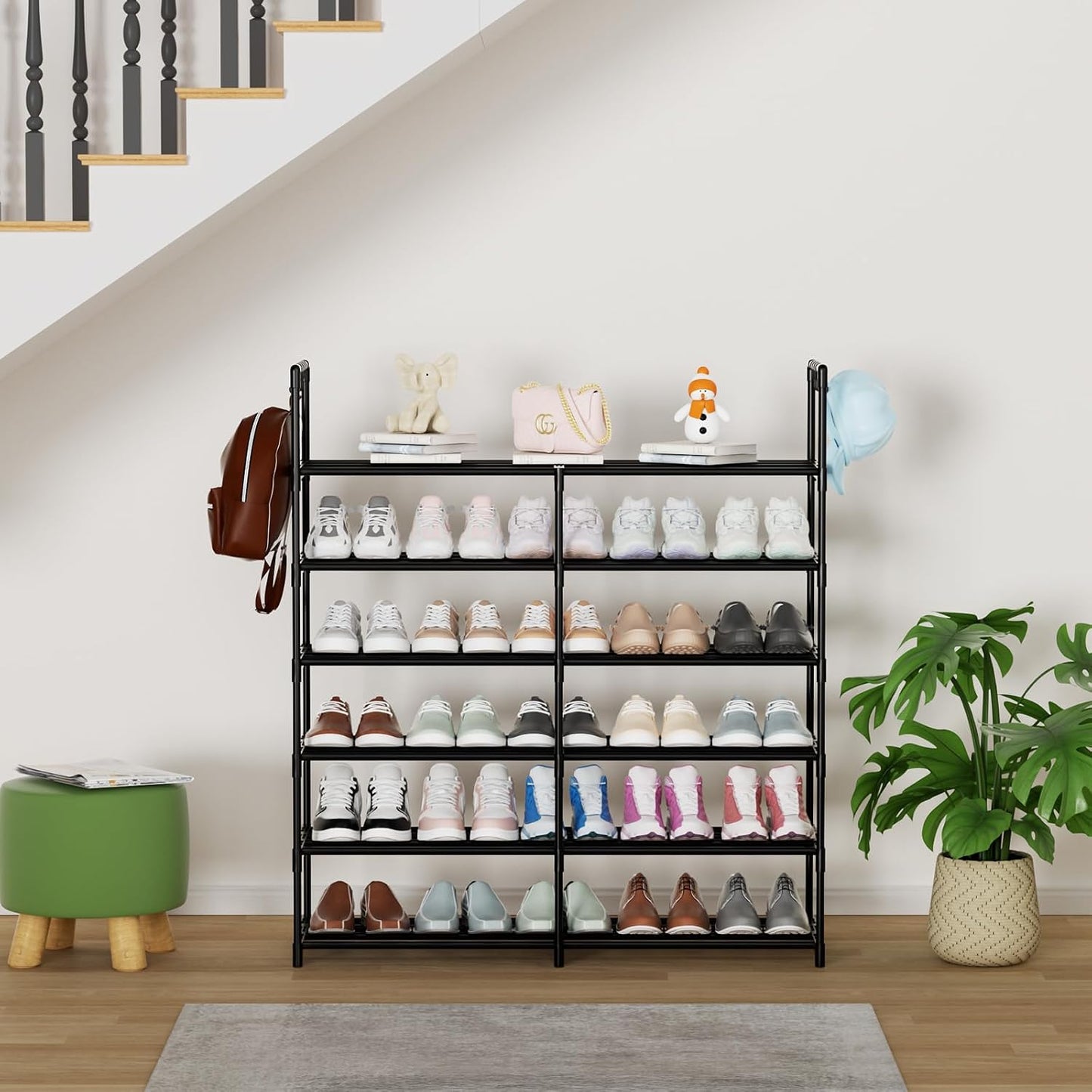3 Row 4 Tier Long Shoe Rack, Black Metal Stackable Shoe Shelf with Multifunctional Hooks, Shoe Storage Hold 24-30 Pairs, Space Saving Shoe Organizer for Closet,Wide Shoe Rack