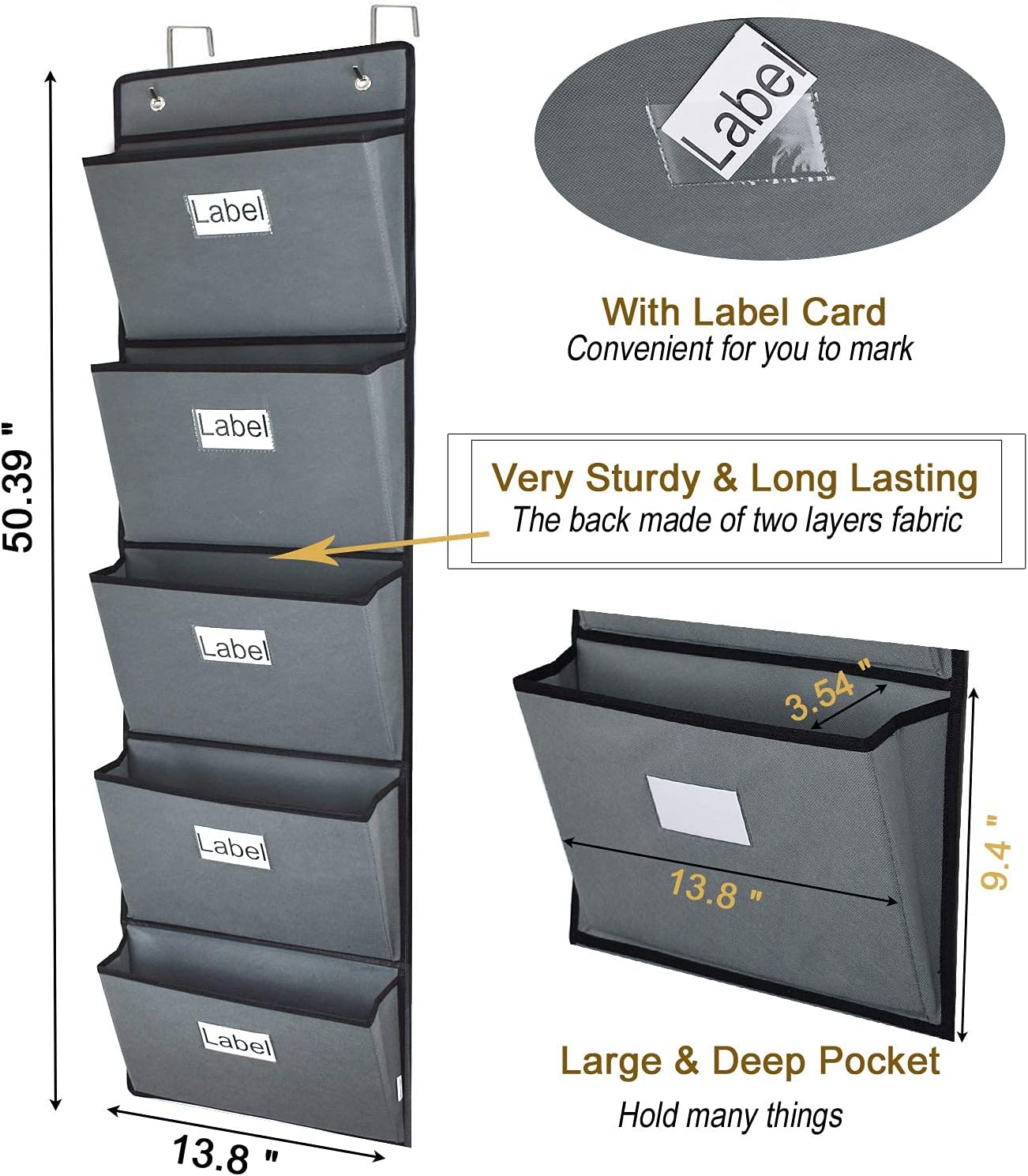 Over the Door Hanging File Organizer 5 Extra Large Pockets Wall Hanging File Folders Organizer Holders,Home Office Supplies Storage Pocket Chart for Paper Mails Planners Notebooks,Gray