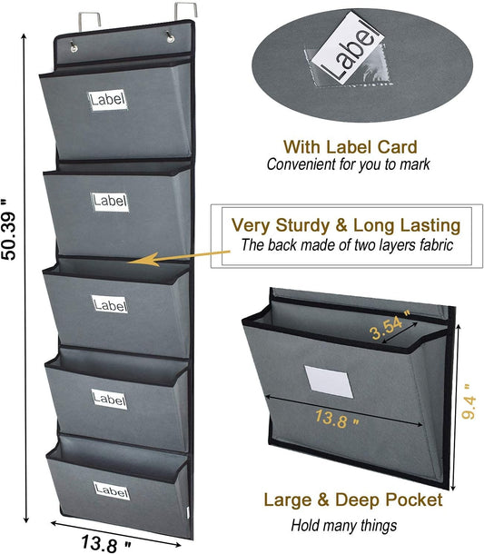 Over the Door Hanging File Organizer 5 Extra Large Pockets Wall Hanging File Folders Organizer Holders,Home Office Supplies Storage Pocket Chart for Paper Mails Planners Notebooks,Gray