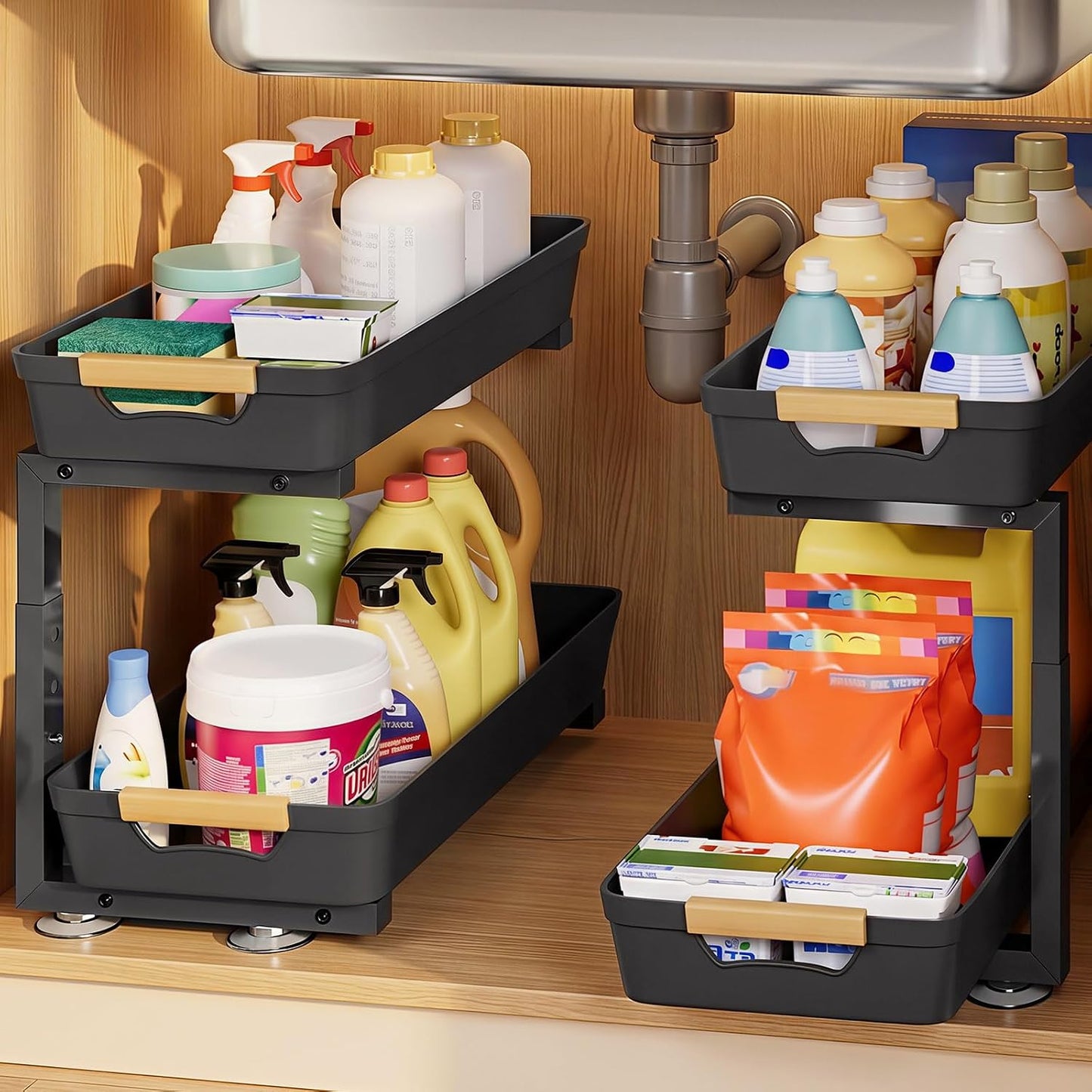 Homde Sliding Under Sink Organizer: 2 Pack 2-Tier Cabinet Shelf with Upper & Lower Pull-Out Baskets - C-Shaped 3 Adjustable Heights for Kitchen Bathroom