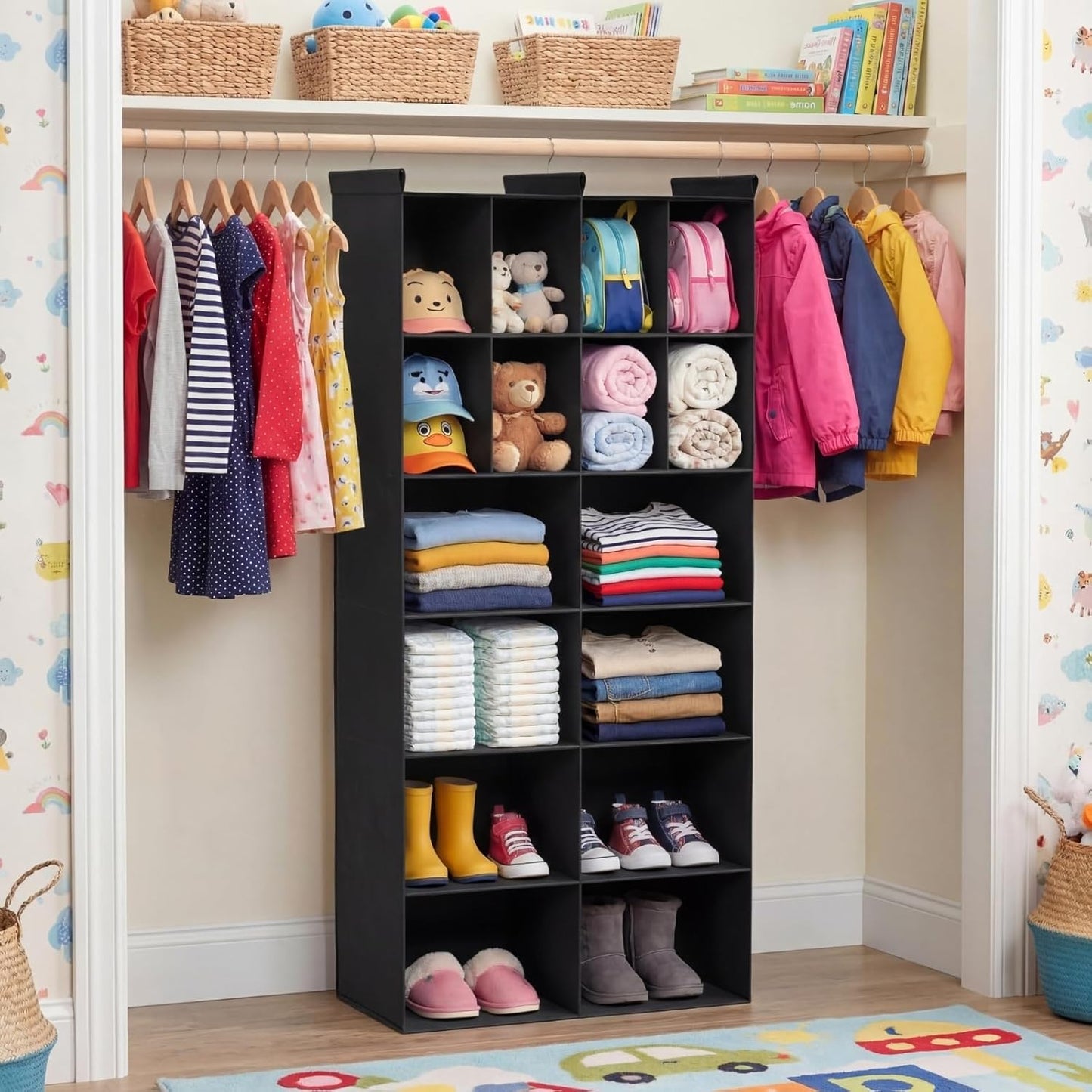 Ofiray-home 6 Tier Hanging Closet Organizer, 16 Compartments Sweater Organizer for Closet with 3 Sturdy Hooks, Closet Organizers and Storage, Wardrobe, Rv, Garment Rack, Grey