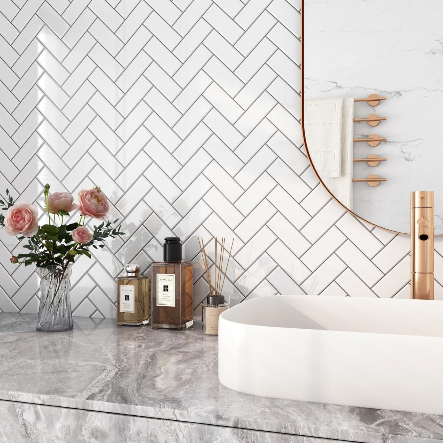 FunStick White Herringbone Peel and Stick Backsplash for Kitchen 12"x12" Peel and Stick on Backsplash Tile Stickers Self Adhesive Wall Tiles for Kitchen Bathroom Shower RV Waterproof Back Splash 5 Pcs