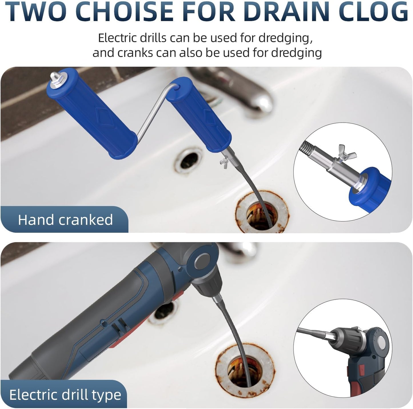 Drain Snake, Drain Auger with Drill Attachment, 16.4 Feet By 6MM Plumbing Snake Auto Feed Flexible Hair Drain Clog Remover for Kitchen, Bathrom and Shower Sink